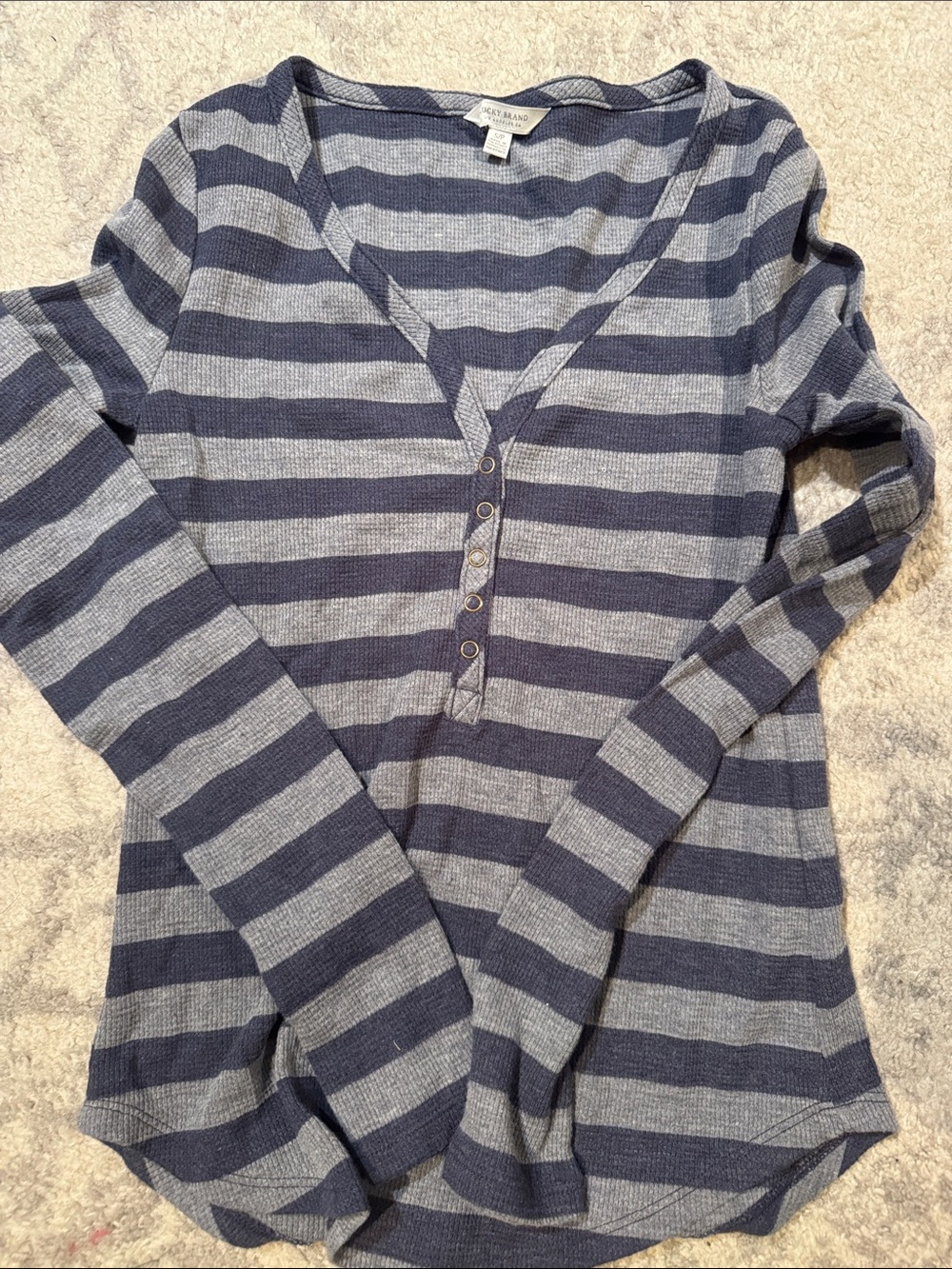 Lucky Brand Striped Navy & Light Gray Henley Knit Top